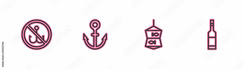 Set line No fishing, Fishing net with, Anchor and Bottle of vodka icon. Vector Set line No fishing, Fishing net with, Anchor and Bottle of vodka icon. Vector