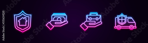 Set line House with shield, Stacks paper money cash, Hand holding briefcase and Car. Glowing neon icon. Vector