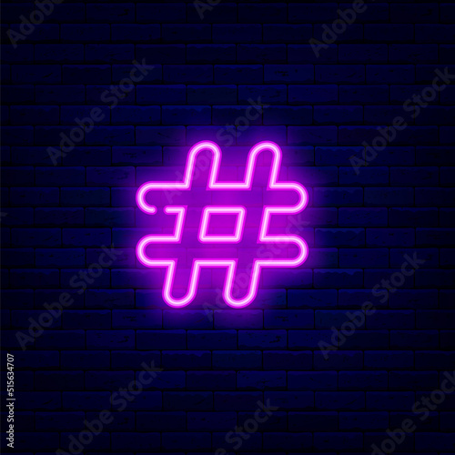 Hashtag purple neon icon. Social media communication concept. Shiny symbol. Night club design. Vector illustration
