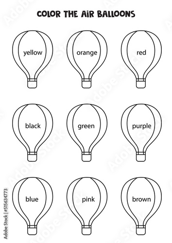 Read names of colors and color air balloons. Educational worksheet. © Milya Shaykh