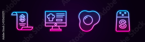 Set line Paper or financial check, Online ordering and delivery, Scrambled eggs and Salt. Glowing neon icon. Vector
