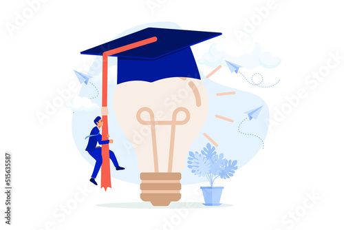 Education or academic help create business idea, skill and knowledge empower creativity concept, smart intelligence business man climb up bright light bulb idea waring mortarboard graduation cap. 