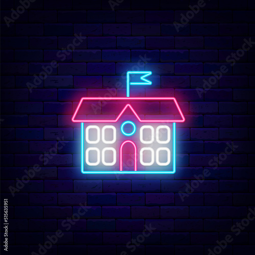 School building neon icon. School fair. Institute building for students. Back to school concept. Vector illustration