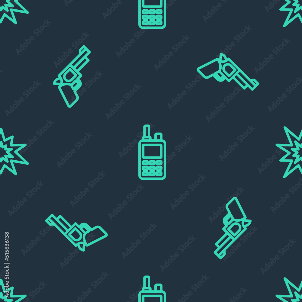 Set line Walkie talkie, Pistol or gun and Bomb explosion on seamless pattern. Vector Set line Walkie talkie, Pistol or gun and Bomb explosion on seamless pattern. Vector