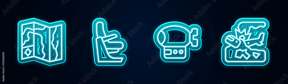 Set line World travel map, Airplane seat, Airship and Plane crash. Glowing neon icon. Vector