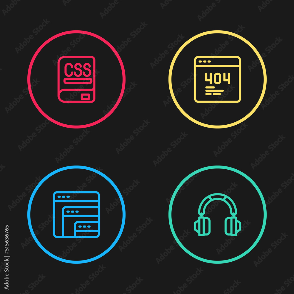 Set line Software, Headphones, Page with 404 error and Books about programming icon. Vector Set line Software, Headphones, Page with 404 error and Books about programming icon. Vector