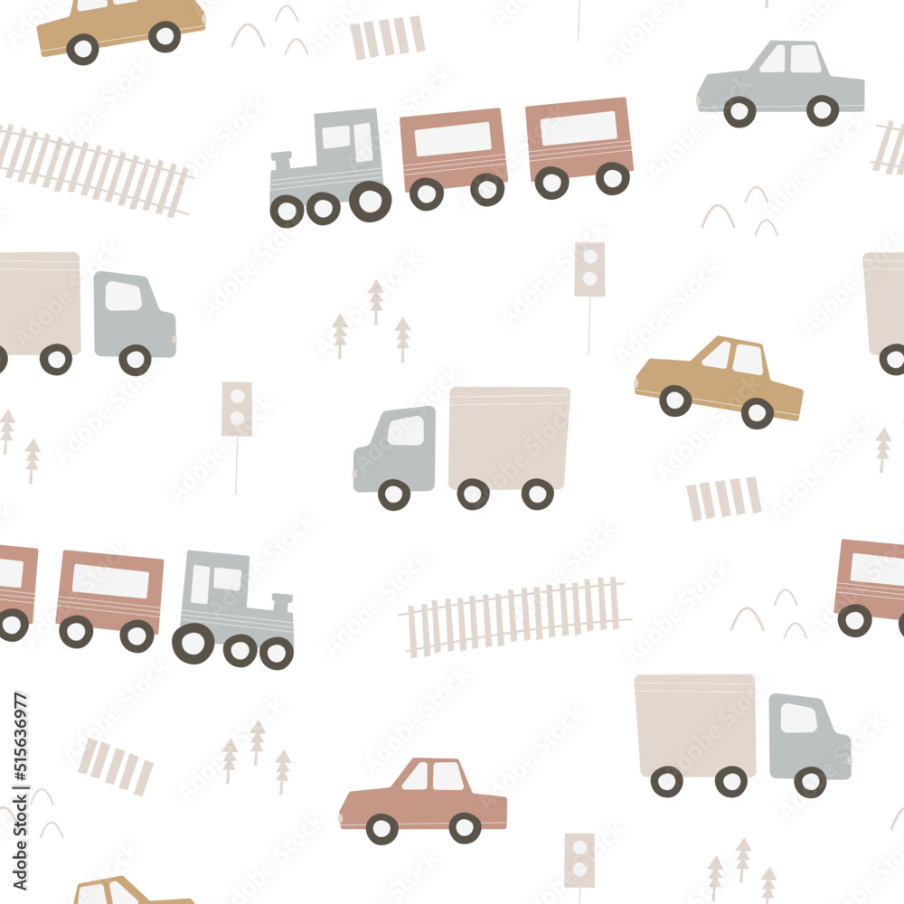 Hand drawn train, truck and car. Seamless baby pattern with transport. Toy cars in the Boho style. Kids cute print in pastel colors. Trendy vector illustration. Nursery design. Hand drawn train, truck and car. Seamless baby pattern with transport. Toy cars in the Boho style. Kids cute print in pastel colors. Trendy vector illustration. Nursery design.