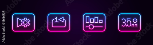 Set line Music or video settings, Repeat track music player, equalizer and Audio jack. Glowing neon icon. Vector