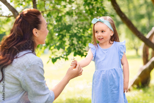 family, motherhood and people concept - happy mother with little daughter with daisy flowers at summer park or garden © Syda Productions