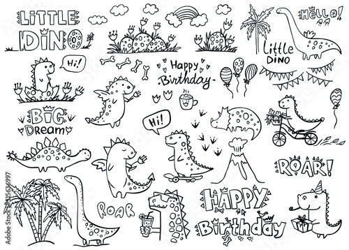 Set of cute dinosaurs and lettering Happy Birthday, roar, Hello, Big Dream, little dino isolated on white. Vector illustration. Perfect for print, coloring book, greeting card.