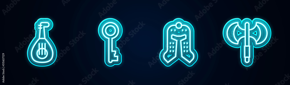 Set line Lute, Old key, Medieval helmet and poleaxe. Glowing neon icon. Vector Set line Lute, Old key, Medieval helmet and poleaxe. Glowing neon icon. Vector