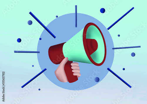 3D vector render hand holding megaphone speaker or loudspeaker bullhorn equipment. Illustration for announcement by influencers on isolated background
