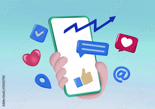 3D hand holding smartphone render, vector illustration. Mobile with media communication icons, like, hashtags and play icons