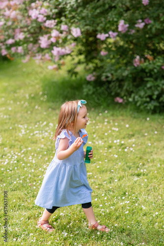 childhood  leisure and people concept - happy little girl with soap bubbles walking at summer park or garden