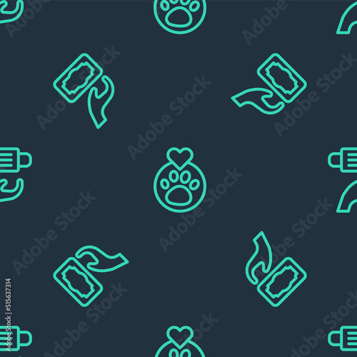 Set line Heart with animals footprint, Donation and charity and Medical protective mask on seamless pattern. Vector