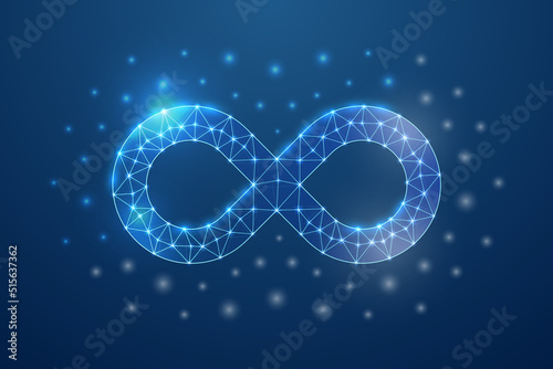 Infinity 3d symbol in blue low poly style. Forever, unlimited design concept illustration. Endlessness polygonal wireframe.