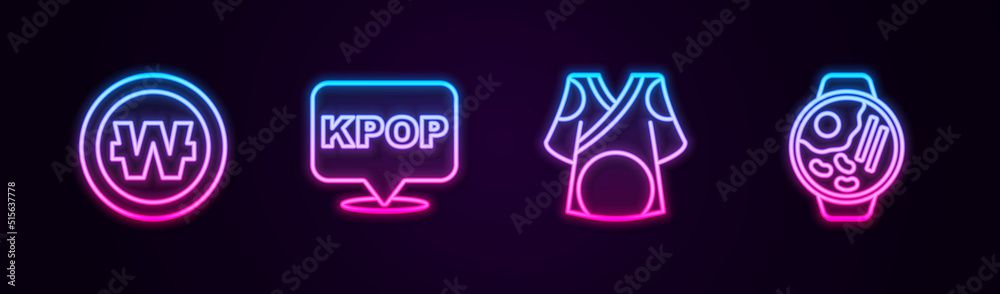 Set line South Korean won coin, K-pop, Kimono and Ramen. Glowing neon icon. Vector Set line South Korean won coin, K-pop, Kimono and Ramen. Glowing neon icon. Vector