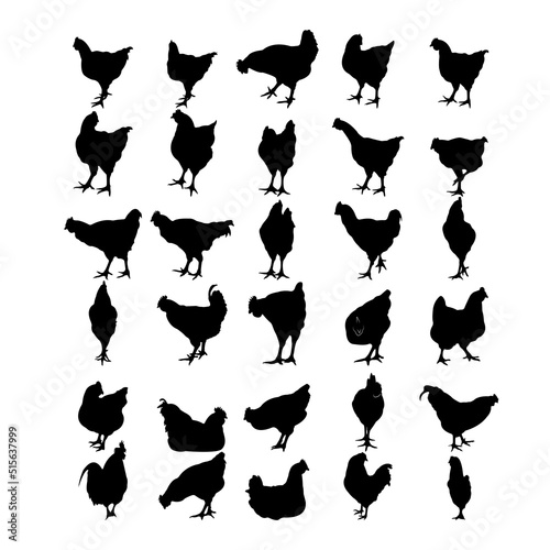 Collection of black silhouettes chickens.