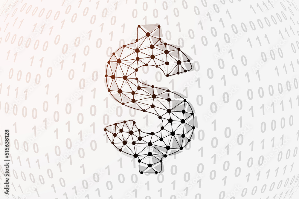 Dollar 3d low poly symbol with binary code background. Money design vector illustration. Finance polygonal symbol with connected dots Dollar 3d low poly symbol with binary code background. Money design vector illustration. Finance polygonal symbol with connected dots