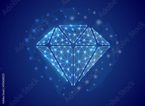 Diamond 3d low poly symbol with blue world map background. Brilliant concept design vector illustration. Jewelry polygonal symbol with connected dots