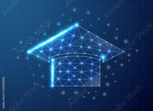 Graduation cap polygonal symbol with binary code background. E-learning concept design illustration. Online learning low poly symbol