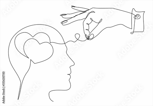 Continuous one line drawing of man  head with a hearts inside and  woman's hand that manipulates his feelings, his love. Vector illustration 