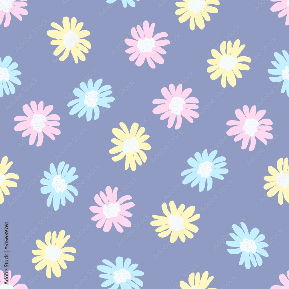 Seamless Pattern with Multicolored Flowers on a Blue Background Seamless Pattern with Multicolored Flowers on a Blue Background