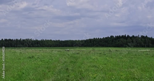 Tourists people walk across the field. Huge flat rural meadow on a typical summer day. Travelers. High quality 4k footage