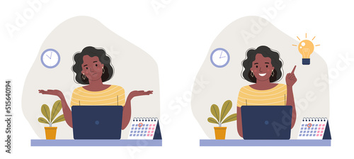 Young woman with dark skin before the laptop with question mark in think bubble and  finding new idea. Shiny light bulb. Flat style cartoon vector illustration.