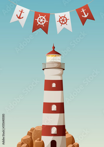 Lighthouse, red flags with anchor and ship's rudder. Vector illustration, cartoon style. Building for navigational aid for seafarers at sea. For greeting card, banner, poster, flyer