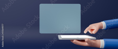 3D hand using touch pad white empty with blank virtual screen tablet display, hand pressing a button on a technology screen isolated on blue background, networking service, 3d rendering illustration