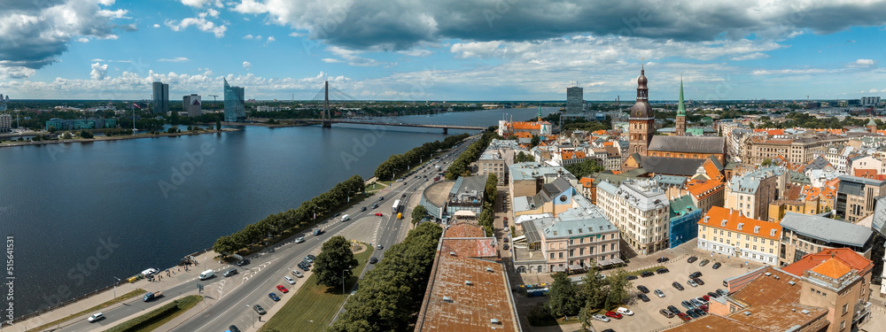 Aerial view of the Riga old town in Latvia. Beautiful historical buildings and Domes cathedral. Summer in Riga.