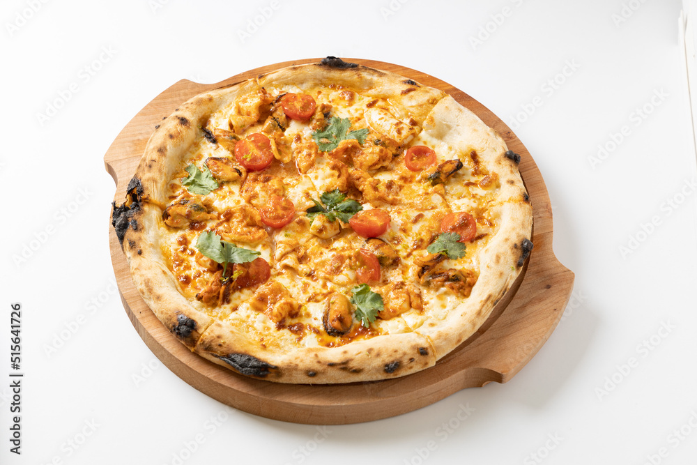 tom yam pizza on a white background