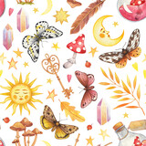 Watercolor seamless pattern of magic objects. The concept of a fairy tale. Illustration for Halloween. Moths, potion, feather, crystals, sun, moon, stars. Drawing for fabric on the theme of magic