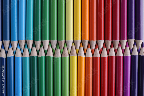 Set of colored pastel pencils in row of multicolor in form of closed zipper