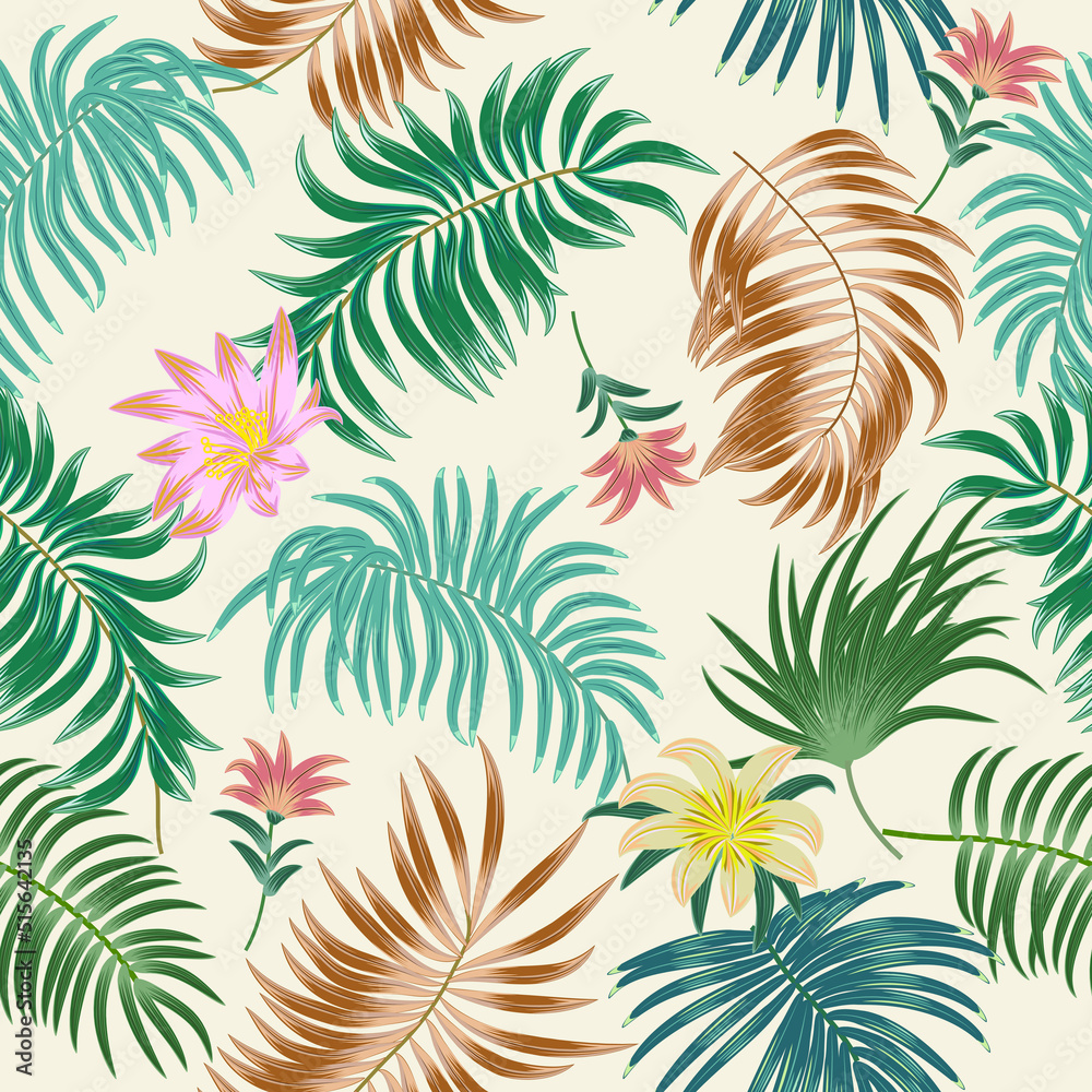 Vector tropical jungle seamless pattern with palm trees leaves and flowers, background for wedding,quotes, Birthday and invitation cards,greeting cards, print, blogs Vector tropical jungle seamless pattern with palm trees leaves and flowers, background for wedding,quotes, Birthday and invitation cards,greeting cards, print, blogs