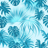 Blue seamless pattern with monstera and tropical leaves of palm tree. Jungle vector background for fabric, wallpaper
