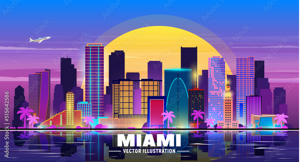 Obraz premium Miami Florida night city skyline. Vector Illustration. Business travel and tourism concept with modern buildings. Image for banner or web site.