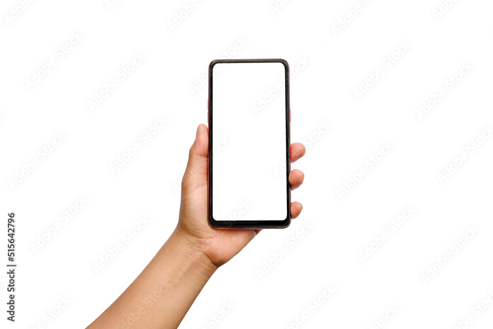 Hand holding mobile phone with blank screen on white background. Isolated. Hand holding mobile phone with blank screen on white background. Isolated.