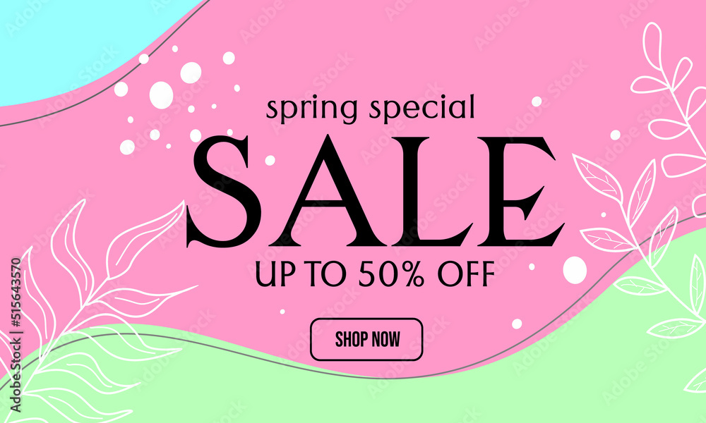 natural theme spring sale banner. color abstract background with hand drawn floral elements.