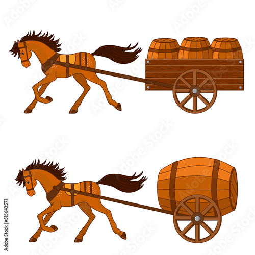 Set of two carts with barrels and running horses