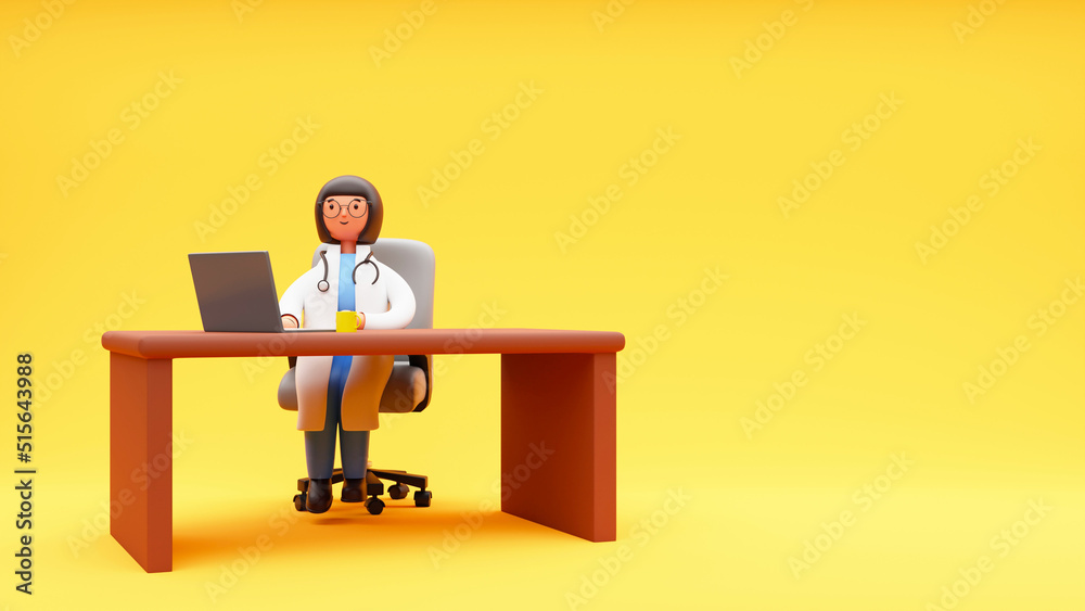 3D Render Of Female Doctor Using Laptop At Workplace Against Yellow Background.