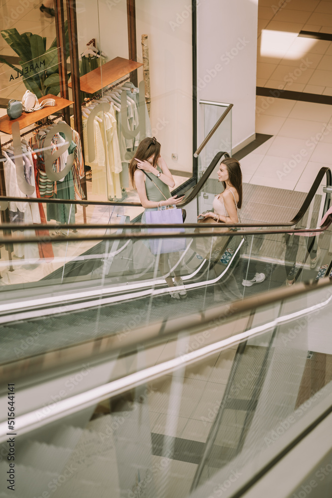Two girls in the mall on the escalator