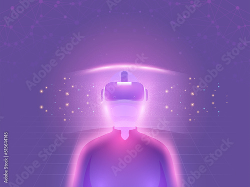 Cartoon Man Wearing VR Box And Lights Effect On Violet Background.