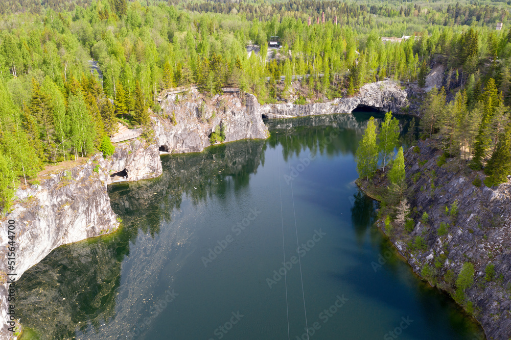 view of Grand Marble Canyon of Ruskeala mountain park on sunny summer day. Karelia, Russia.