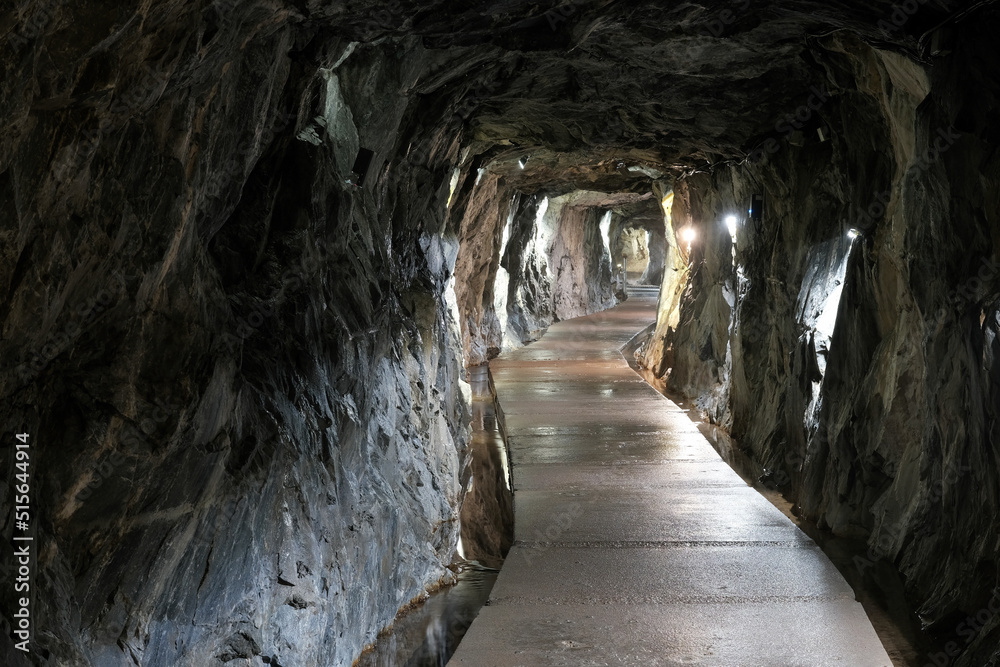 Tunnel in the old marble mine. Ruskeala mountain park, Karelia, Russia.