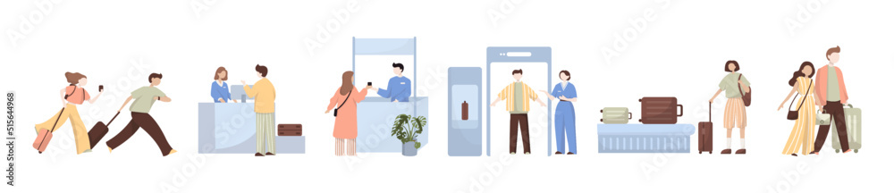 People in airport flat color icons set of pilot stewardess tourists with travel bags at checkpoint and security screening. Passport control, luggage, security, check. Isolated vector illustration