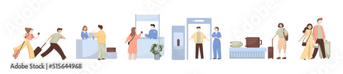 People in airport flat color icons set of pilot stewardess tourists with travel bags at checkpoint and security screening. Passport control, luggage, security, check. Isolated vector illustration