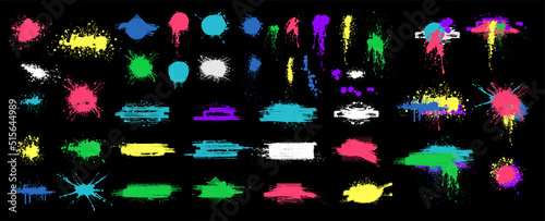 Color paint splatter. Color inked splatter stain splattered spray splash. Spray paint elements isolated on black Background. Drips multicolored ink splatters, Ink blots set. Isolated illustration photo