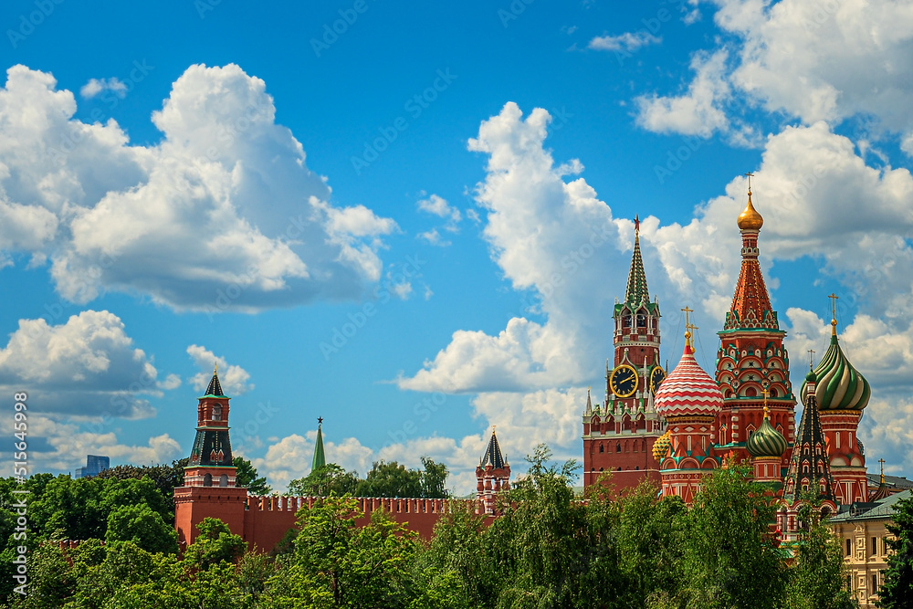 St. Basil's Cathedral and Kremlin Walls and Tower in Red square.